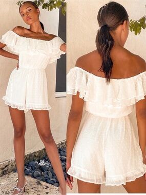 NWT Lulu’s Frilled to Bits White Swiss Dot Off-the-Shoulder Romper Medium Chic